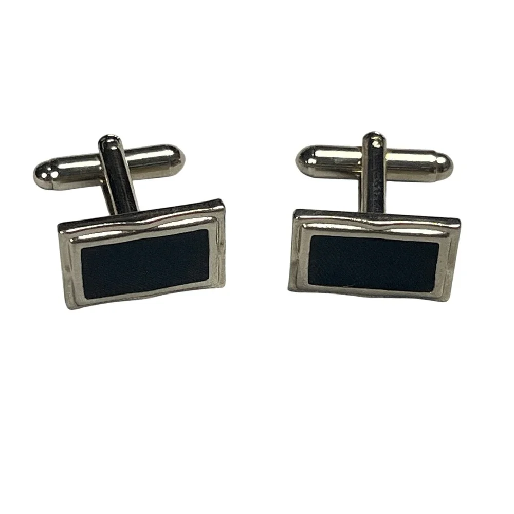 Mens Silver Tone Black Enamel Rectangular Bullet Back Classic Cufflinks Pair